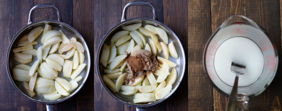 Apples in a skillet topped with brown sugar and spices