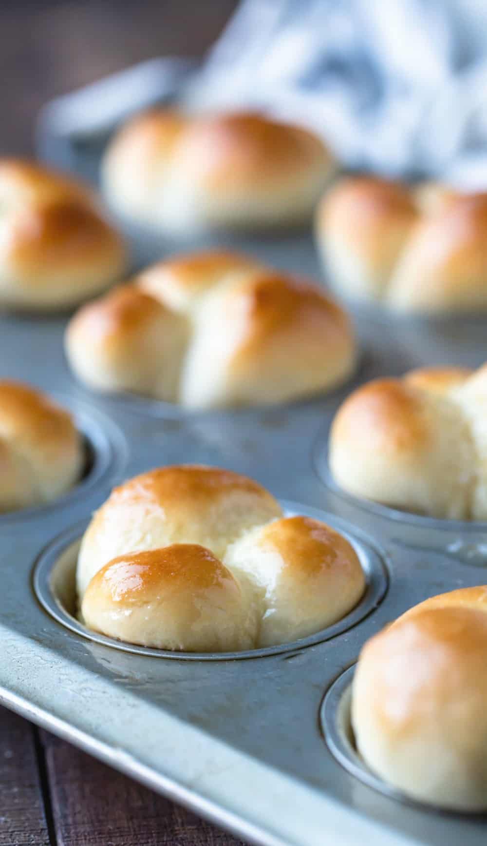 60 Minute Dinner Rolls in a silver muffin tin