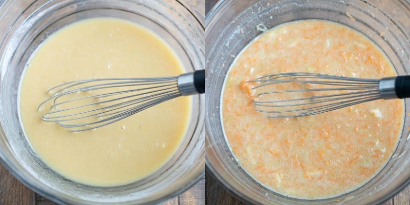 Carrot zucchini muffin batter in a glass mixing bowl