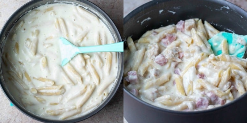 Cooked pasta in cheese sauce