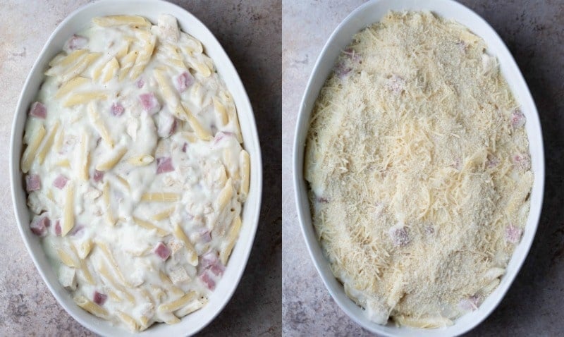 Chicken cordon bleu casserole in a white baking dish