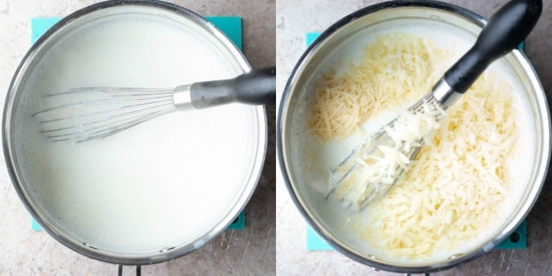 Thickened milk and cheese in a silver saucepan