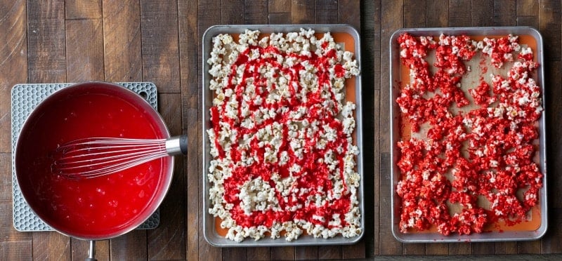 Cinnamon popcorn on a baking sheet