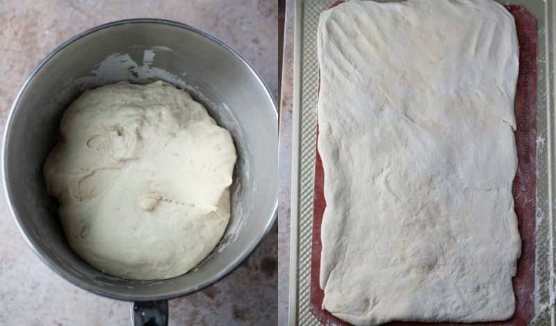 Breadstick dough in a silver mixing bowl