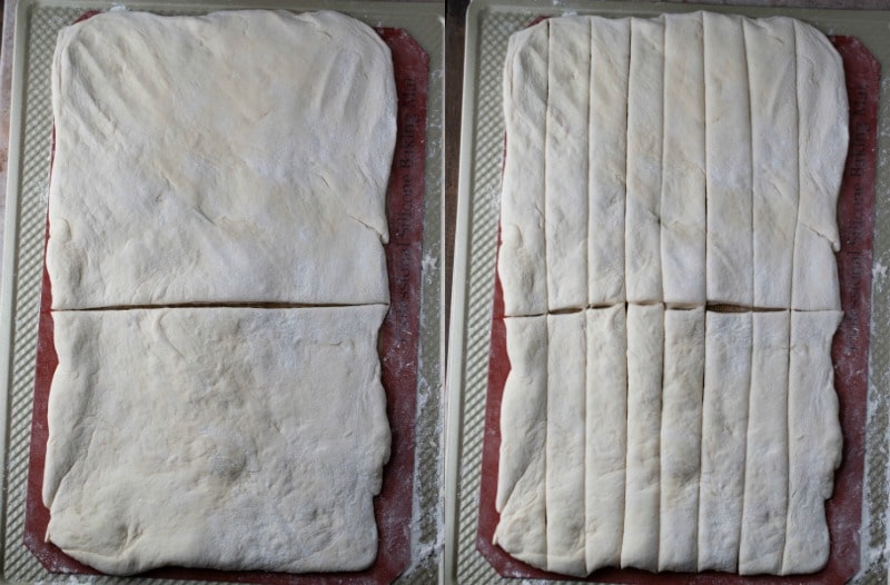 Breadstick dough cut into strips