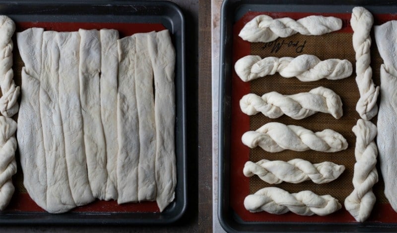Twisted breadstick dough on a silicone baking mat
