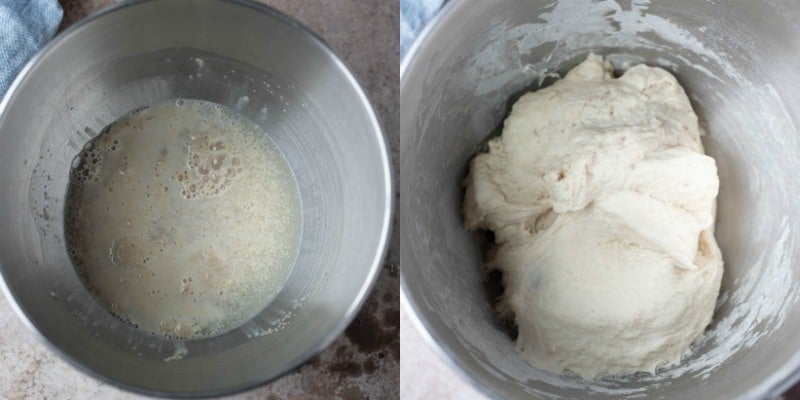 Yeast sugar and water in a silver mixing bowl