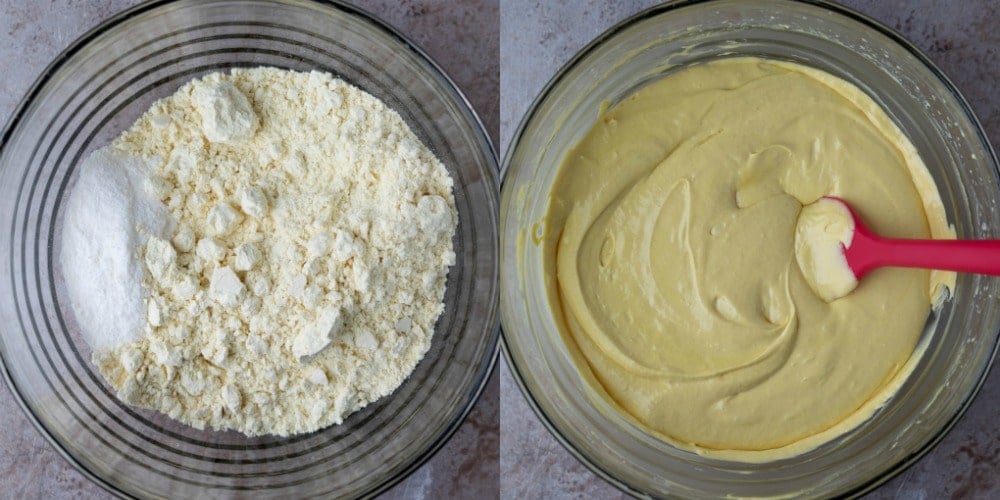 Cake mix in a glass mixing bowl