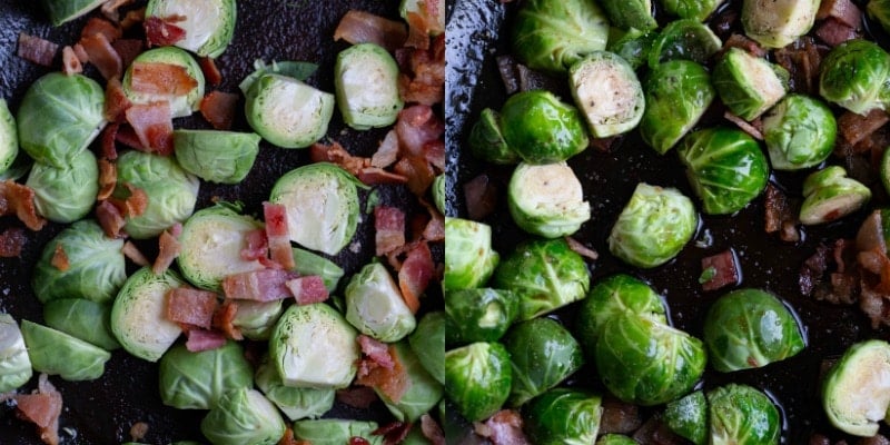 Brussels sprouts and bacon in a cast iron dish