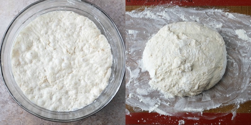 No knead bread dough in a glass mixing bowl