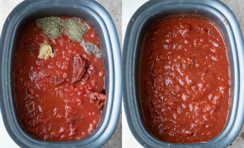 Sauce ingredients in a slow cooker insert