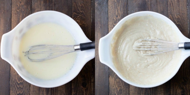 Yogurt muffin batter in a white mixing bowl
