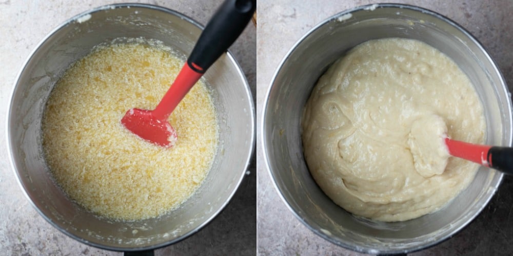 banana cake batter in a silver mixing bowl