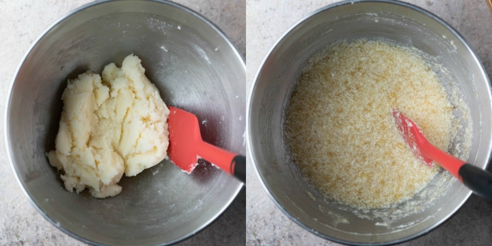 creamed butter and sugar in a silver mixing bowl