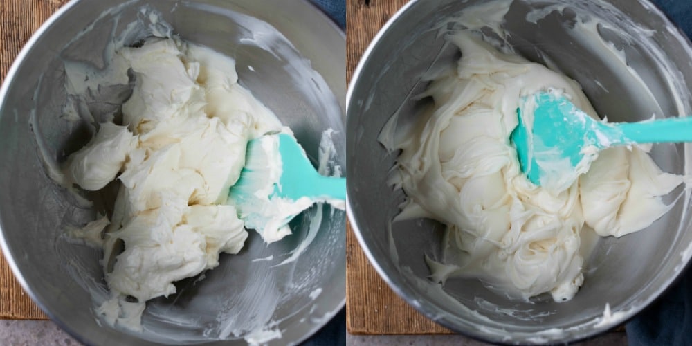 cream cheese frosting in a silver mixing bowl