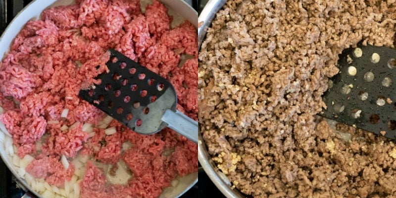 Ground beef in a silver skillet