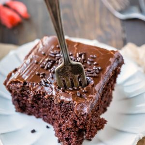 piece of chocolate mayonnaise cake with a fork in it