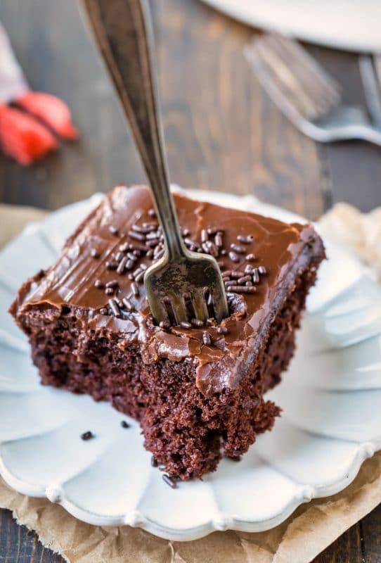 piece of chocolate mayonnaise cake with a fork in it