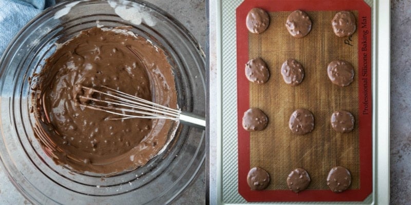 Flourless fudge cookie batter in a glass mixing bowl