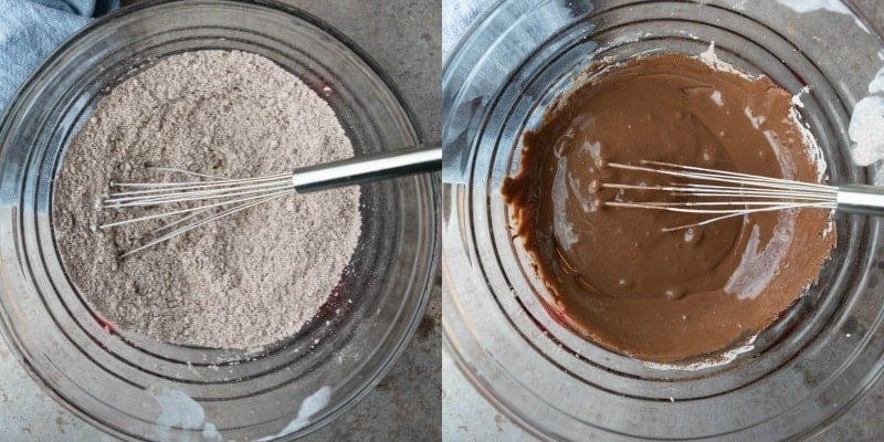 Cocoa powder and powdered sugar in a glass mixing bowl