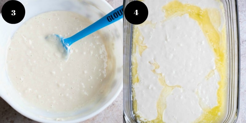 Peach cobbler batter in a mixing bowl