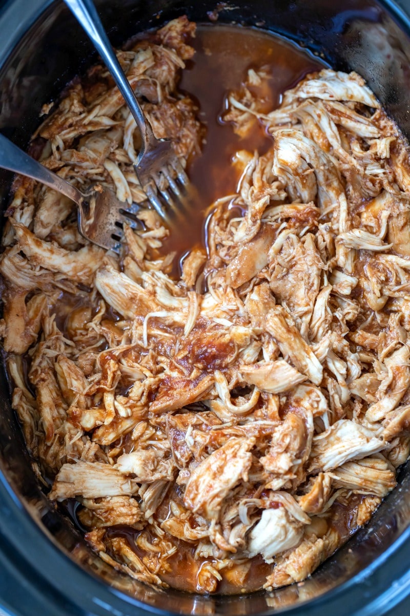 Shredded bbq chicken in a crock pot insert