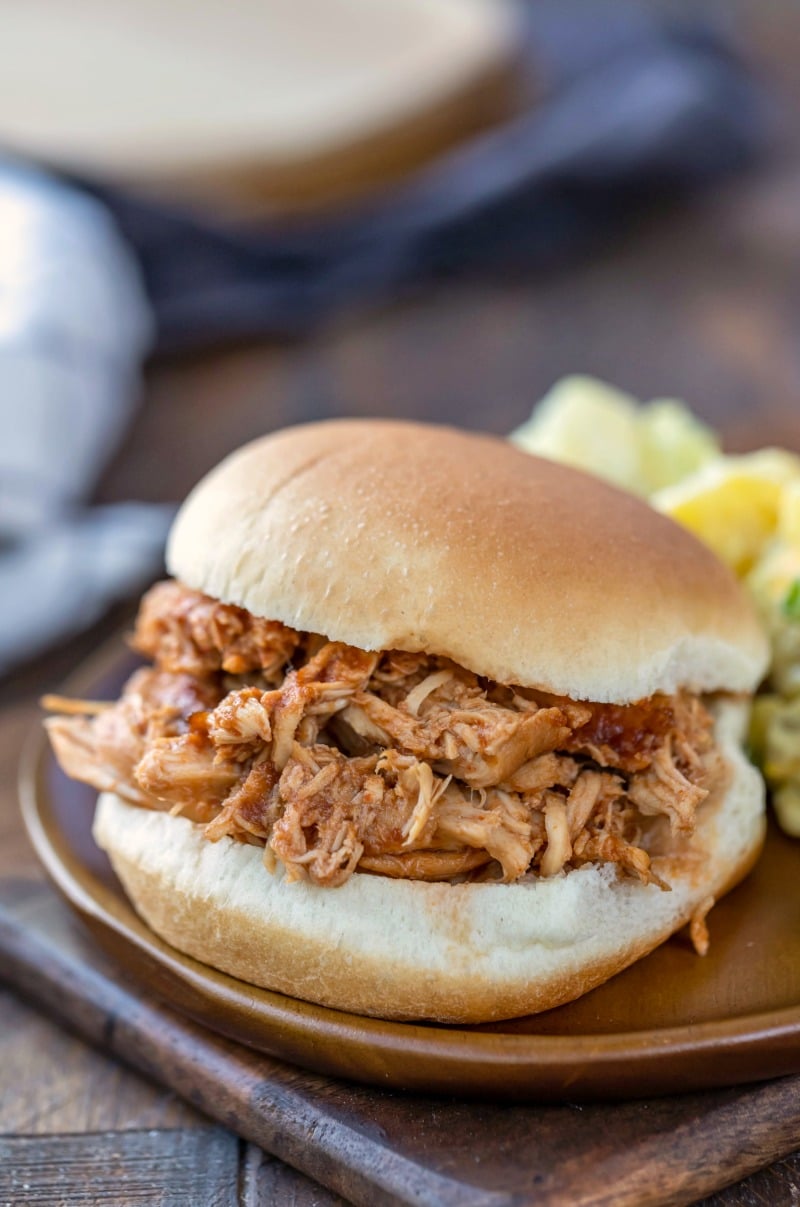 Crock pot bbq chicken on a sandwich bun