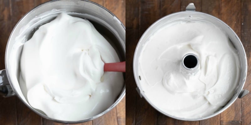Angel food cake batter in a tube pan