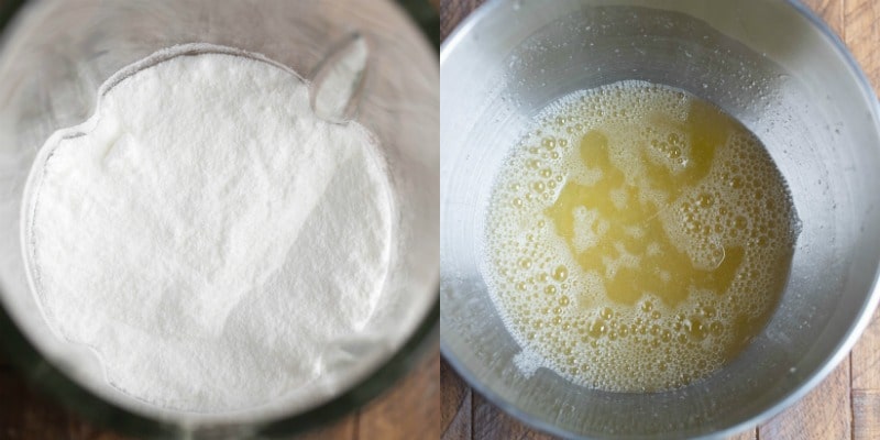 super fine sugar in a blender and egg whites in a mixing bowl