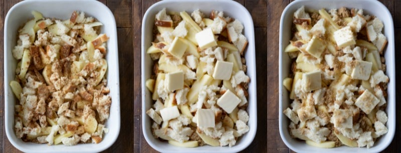 Apple brown betty ingredients in a white casserole dish