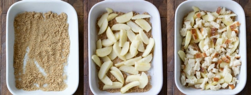 Brown sugar and apple slices in a white dish for apple brown betty