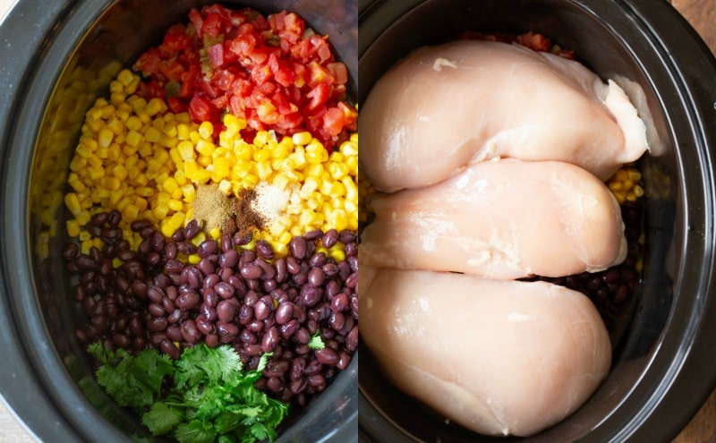 Crock pot Mexican chicken ingredients in a black crock pot insert