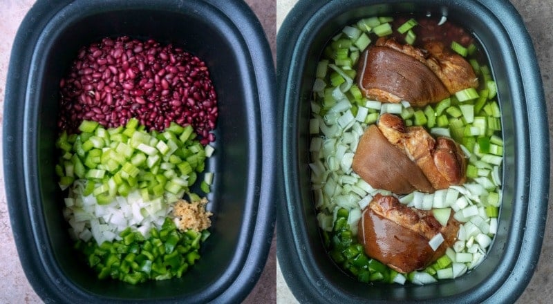 Veggies and red beans in a crock pot insert