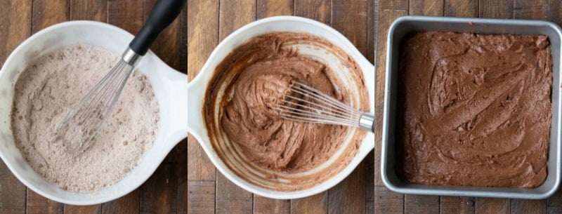 Hot fudge pudding cake batter in a bowl with a whisk