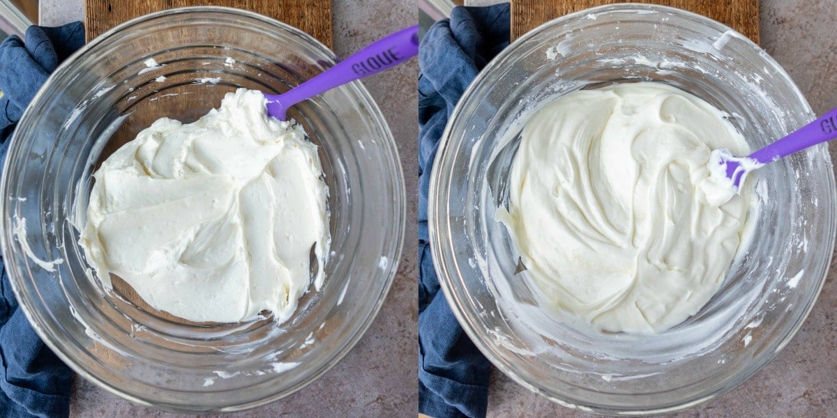 Cream cheese and butter in a glass mixing bowl