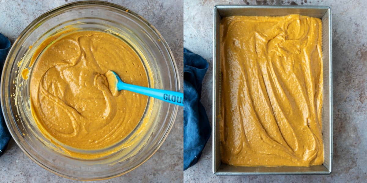 Pumpkin spice cake batter in a glass mixing bowl