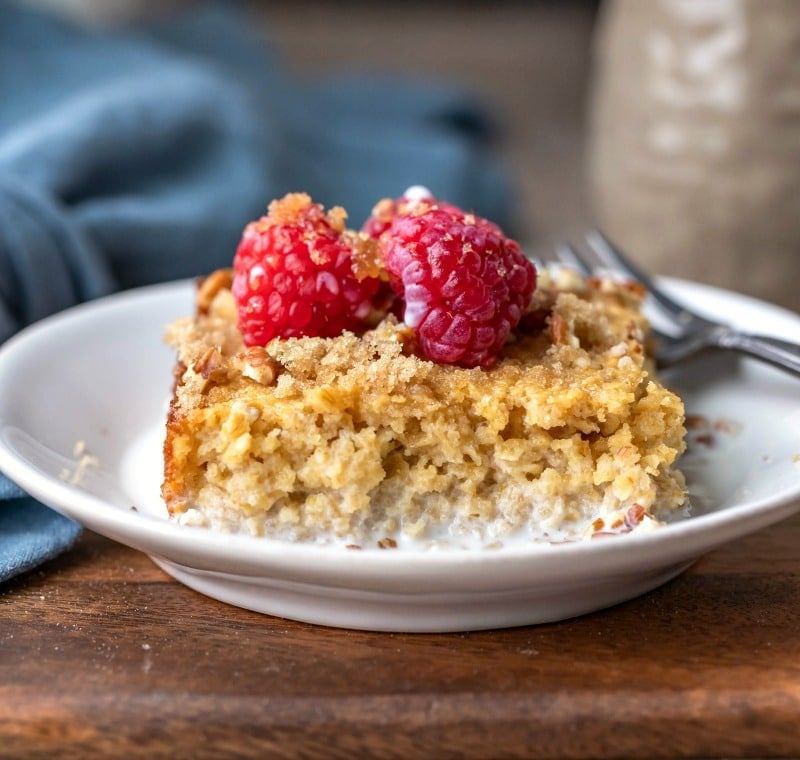 Piece of baked oatmeal with milk