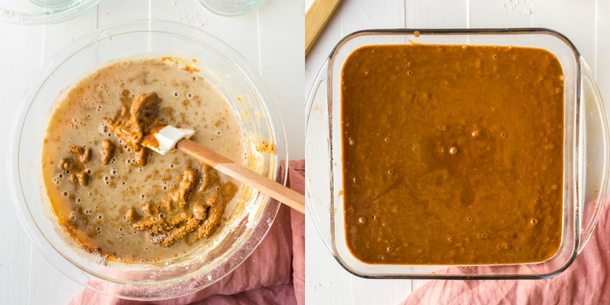 gingerbread batter in a glass baking pan