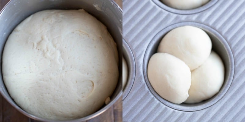 Risen dough in a silver mixing dough