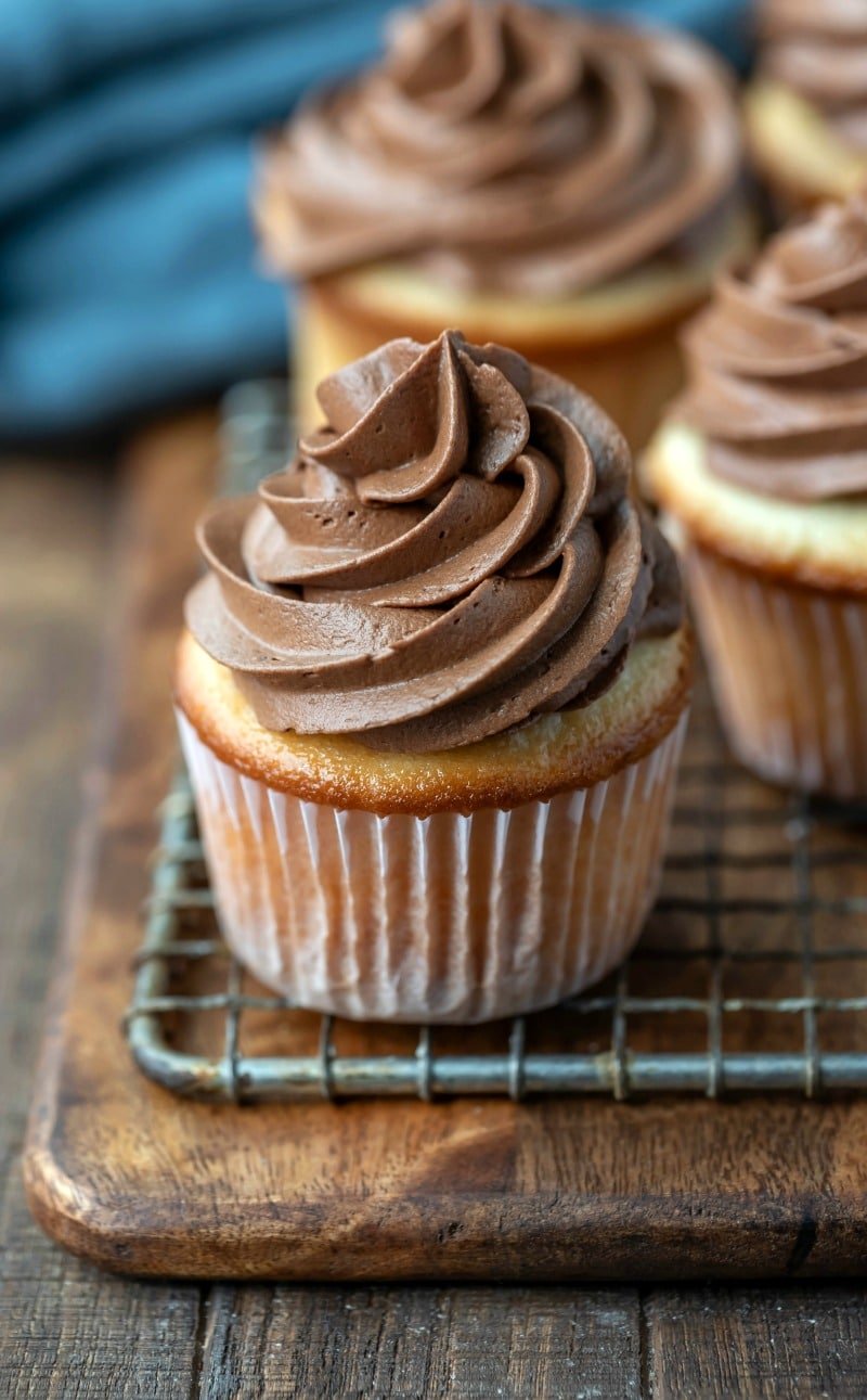 White cupcakes topped with chocolate buttercream frosting