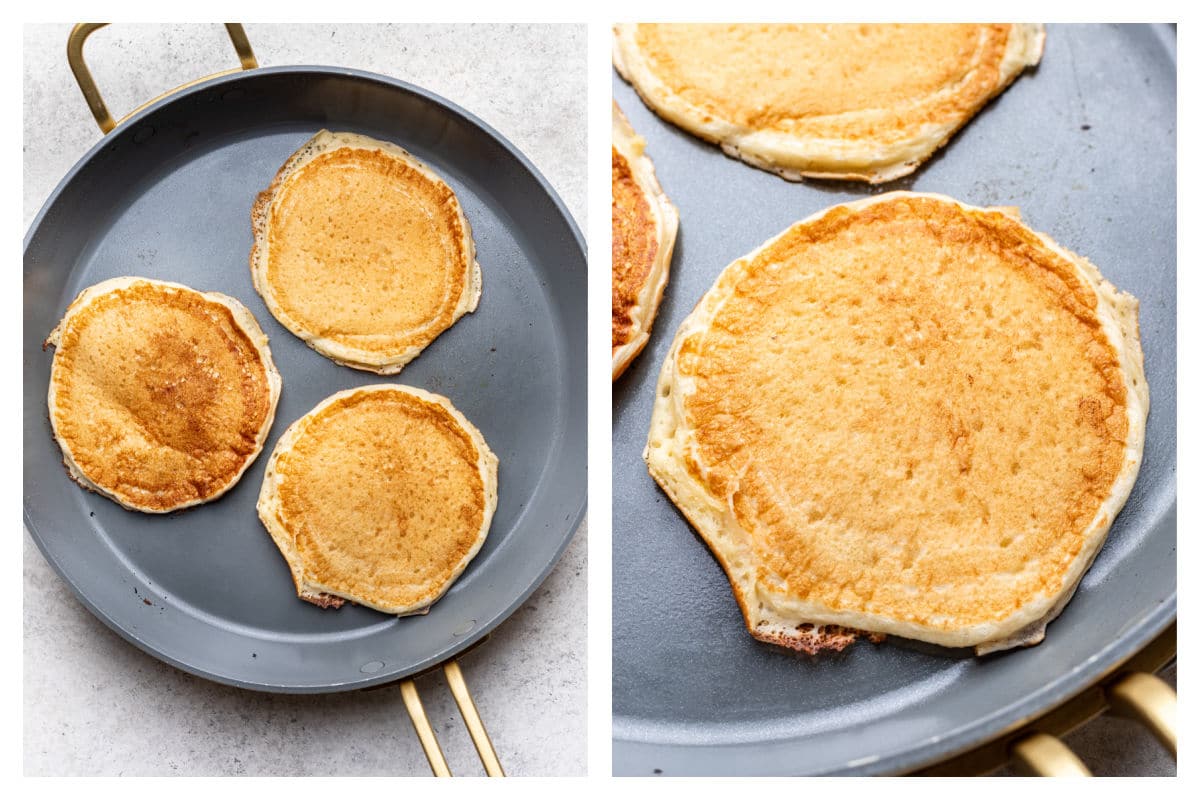 Pancakes cooking in a skillet.