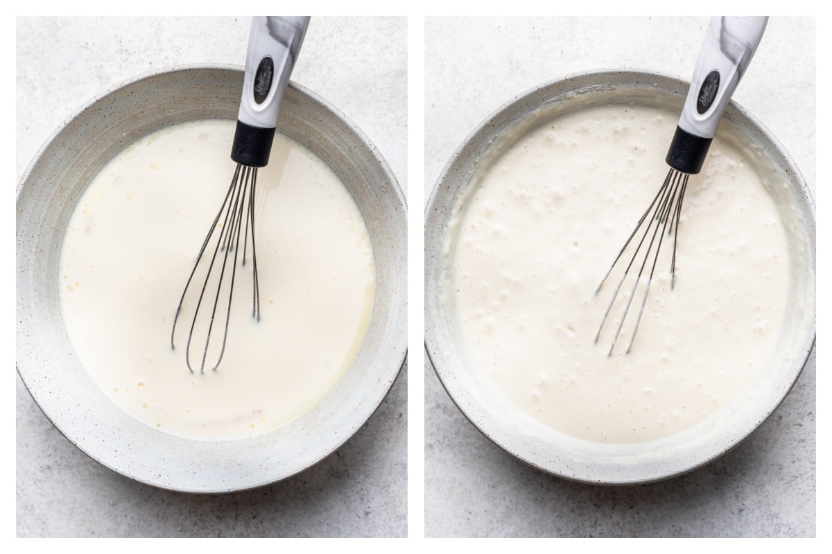 Wet ingredients whisked together in a bowl next to dry ingredients for buttermilk pancakes in a bowl.