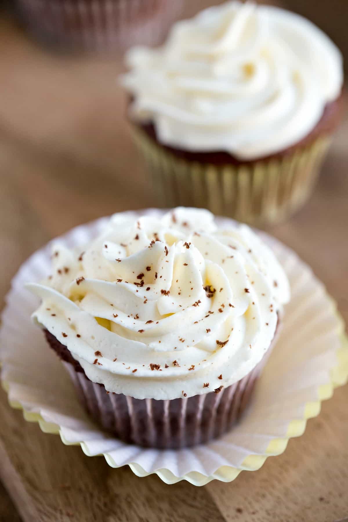 Whipped Buttercream Frosting on a chocolate cupcake.