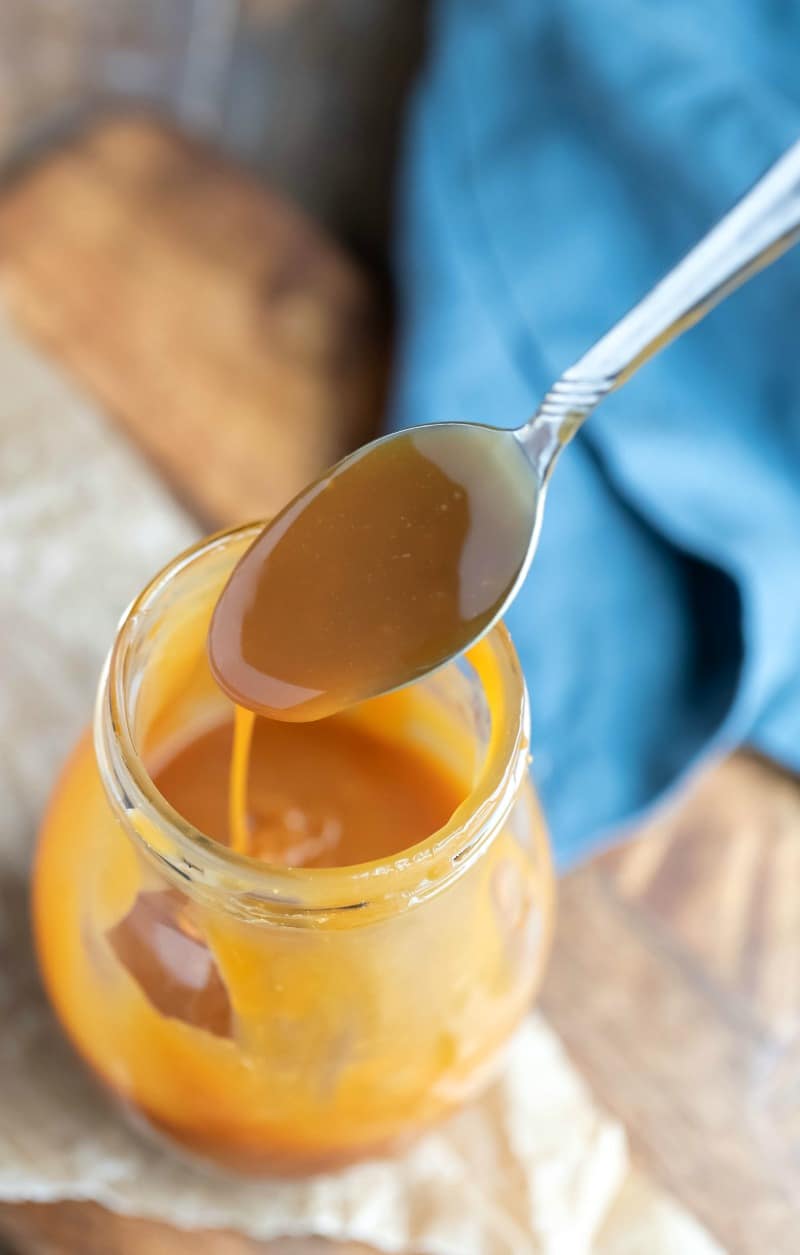 Salted Caramel Sauce on a silver spoon