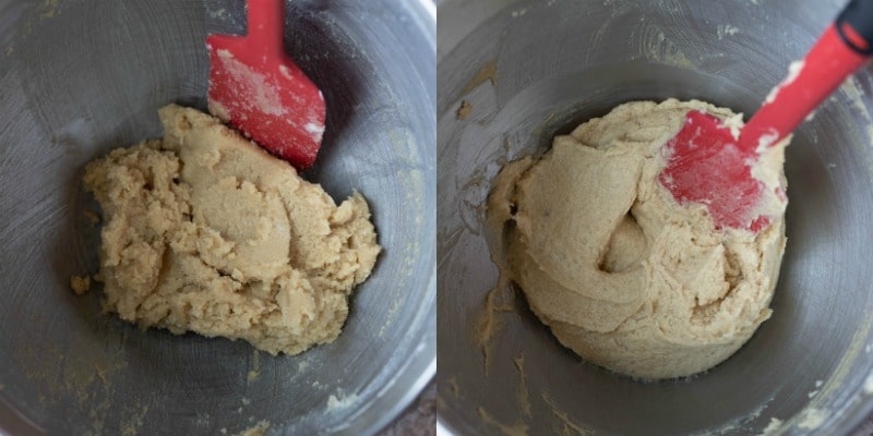 Creamed butter and sugar in a silver mixing bowln