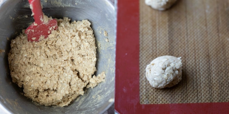 Oatmeal cookie dough in a silver mixing bowl