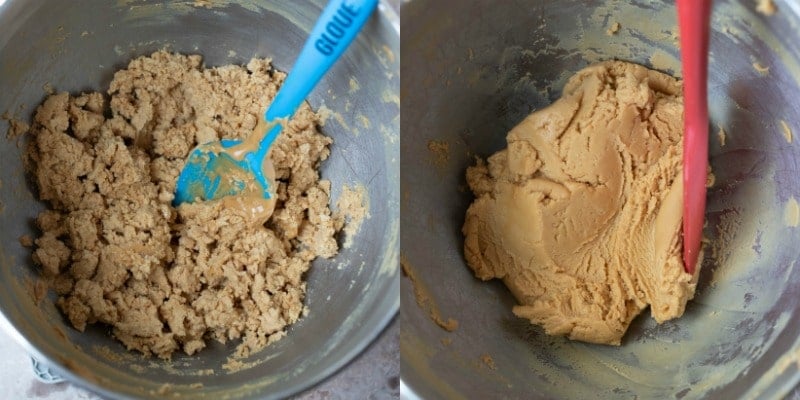 Peanut butter filling in a silver mixing bowl