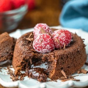 Molten chocolate cake with chocolate lava flowing out