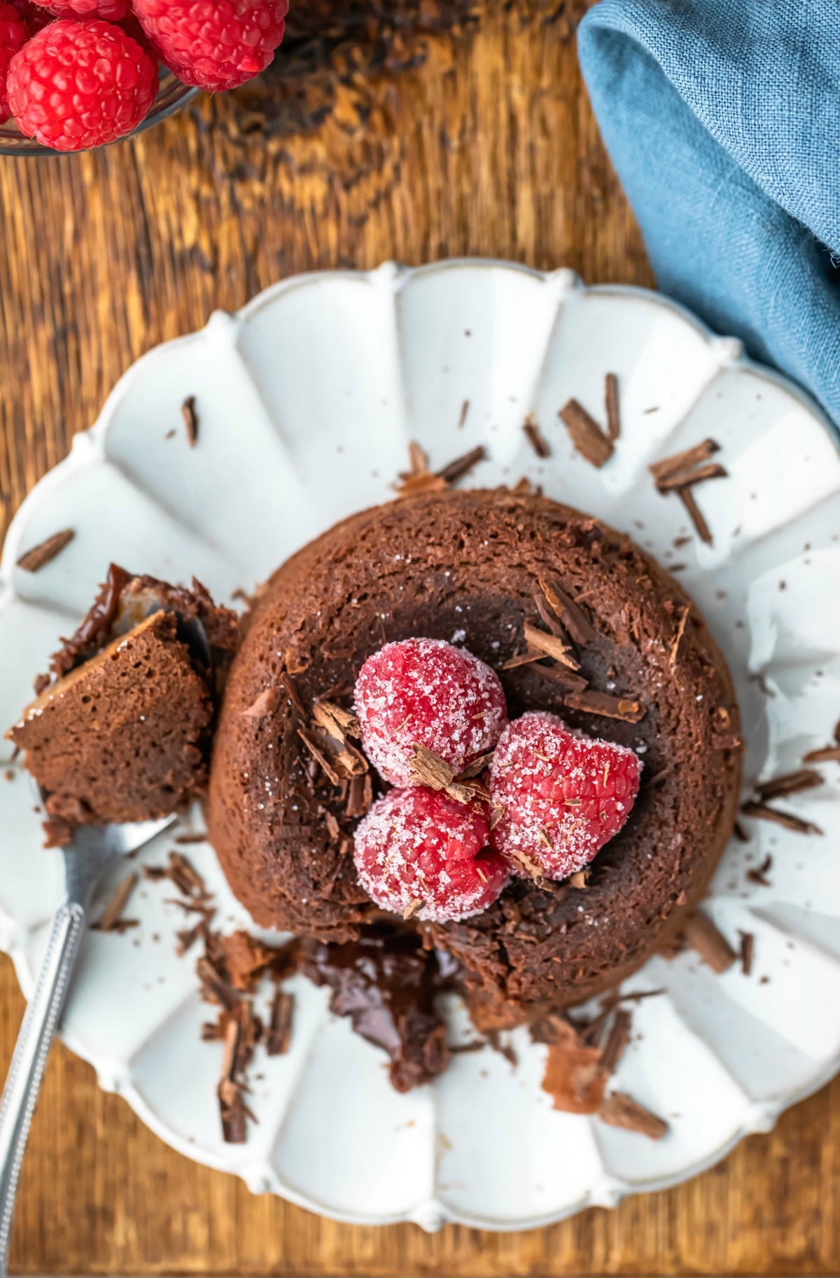 Overhead photo molten chocolate cake topped with sugared raspberries