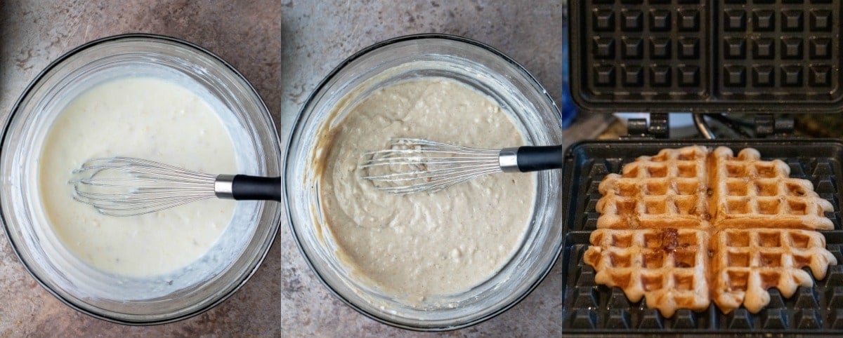 banana bread waffle batter in a glass mixing bowl